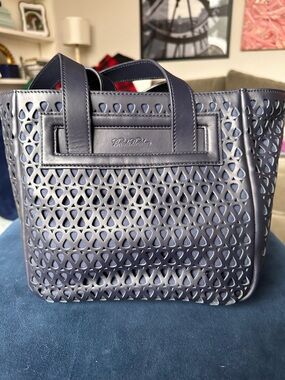 Brooks Brothers Navy Perforated Leather Tote Bag NWT